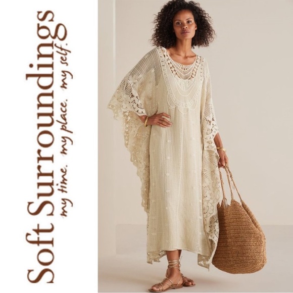 Soft Surroundings Crochet Martinique Breeze Caftan Dress Cream Ivory Sz S/M - Picture 3 of 10